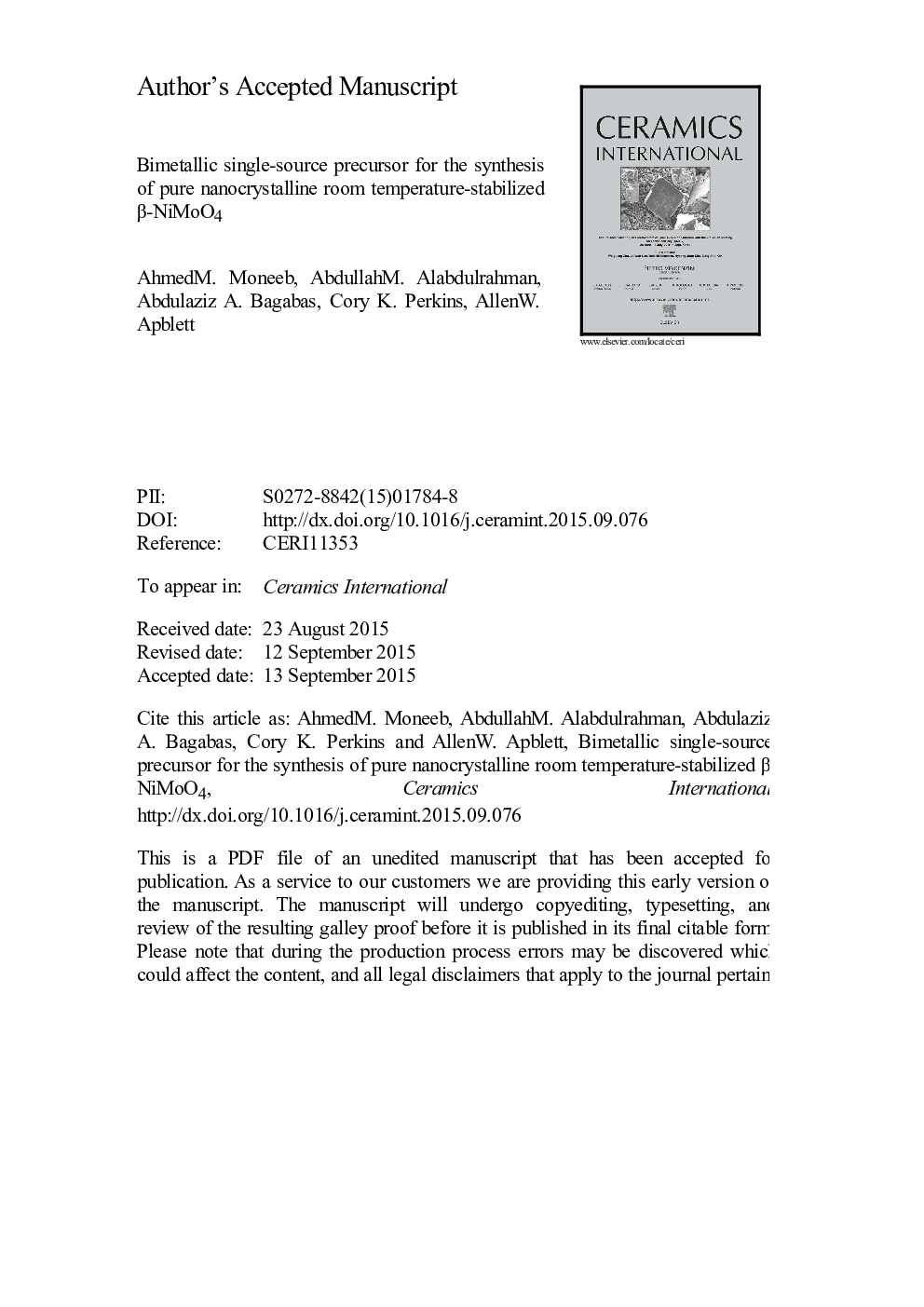 Bimetallic single-source precursor for the synthesis of pure nanocrystalline room temperature-stabilized Î²-NiMoO4