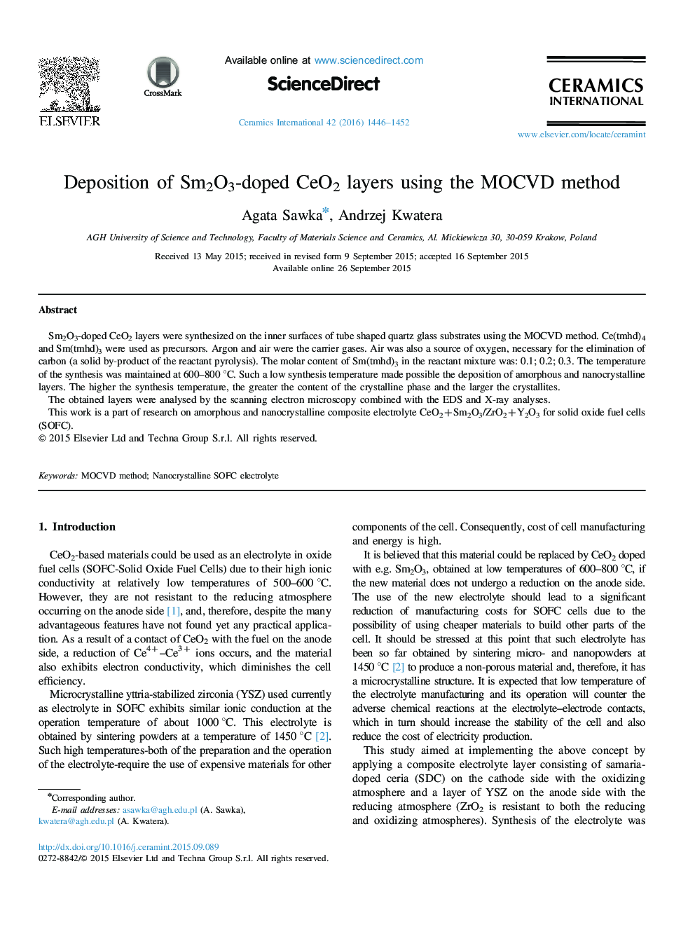 عکس صفحه اول مقاله: Deposition of Sm2O3-doped CeO2 layers using the MOCVD method Deposition of Sm2O3-doped CeO2 layers using the MOCVD method