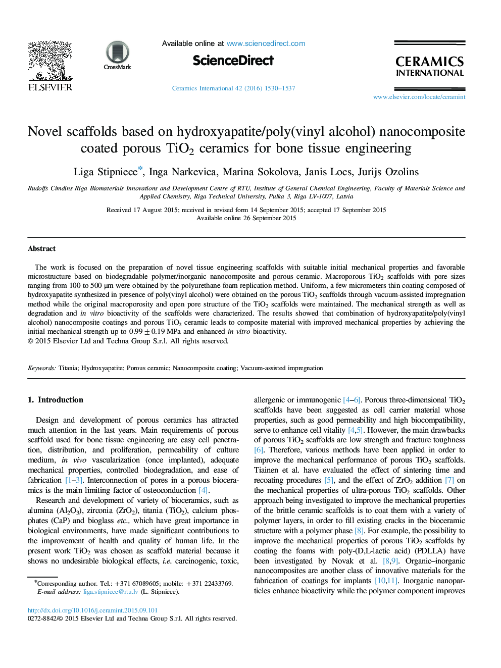 Novel scaffolds based on hydroxyapatite/poly(vinyl alcohol) nanocomposite coated porous TiO2 ceramics for bone tissue engineering