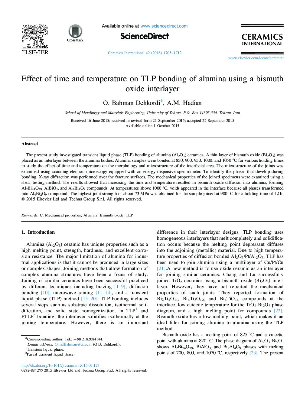 Effect of time and temperature on TLP bonding of alumina using a bismuth oxide interlayer