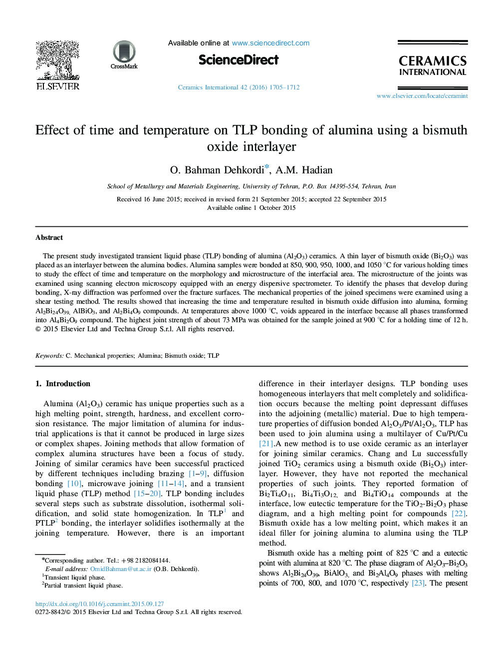 عکس صفحه اول مقاله: Effect of time and temperature on TLP bonding of alumina using a bismuth oxide interlayer Effect of time and temperature on TLP bonding of alumina using a bismuth oxide interlayer