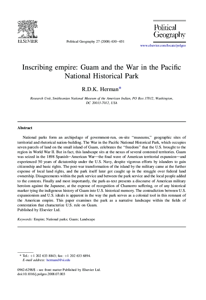 Inscribing empire: Guam and the War in the Pacific National Historical Park