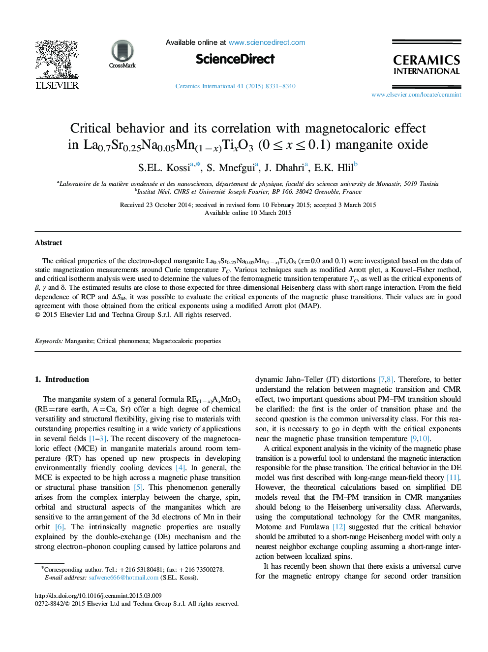 Critical behavior and its correlation with magnetocaloric effect in La0.7Sr0.25Na0.05Mn(1âx)TixO3 (0â¤xâ¤0.1) manganite oxide