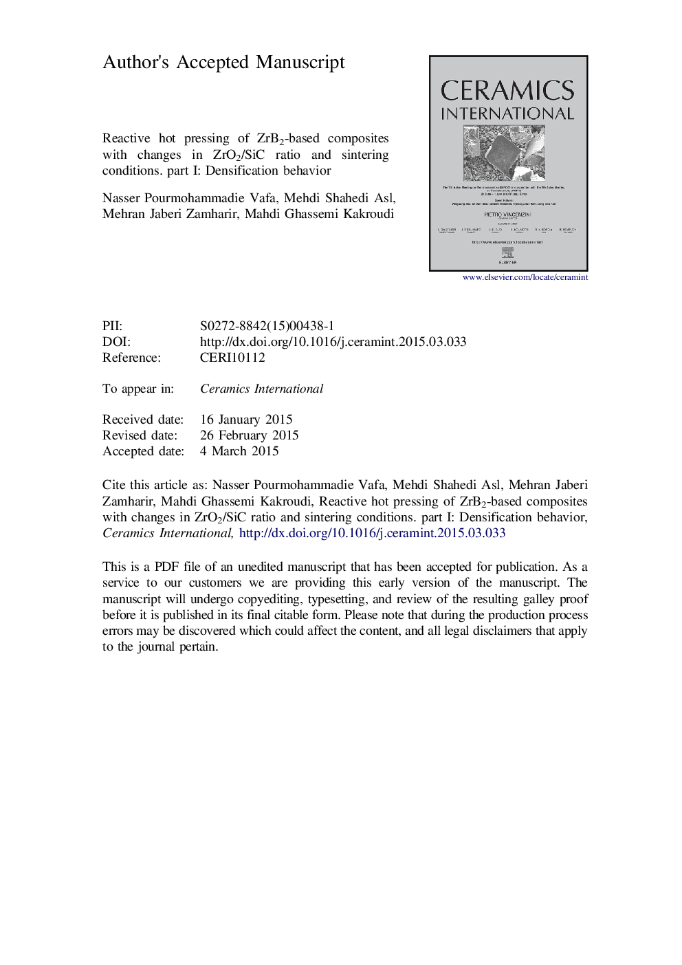 Reactive hot pressing of ZrB2-based composites with changes in ZrO2/SiC ratio and sintering conditions. Part I: Densification behavior