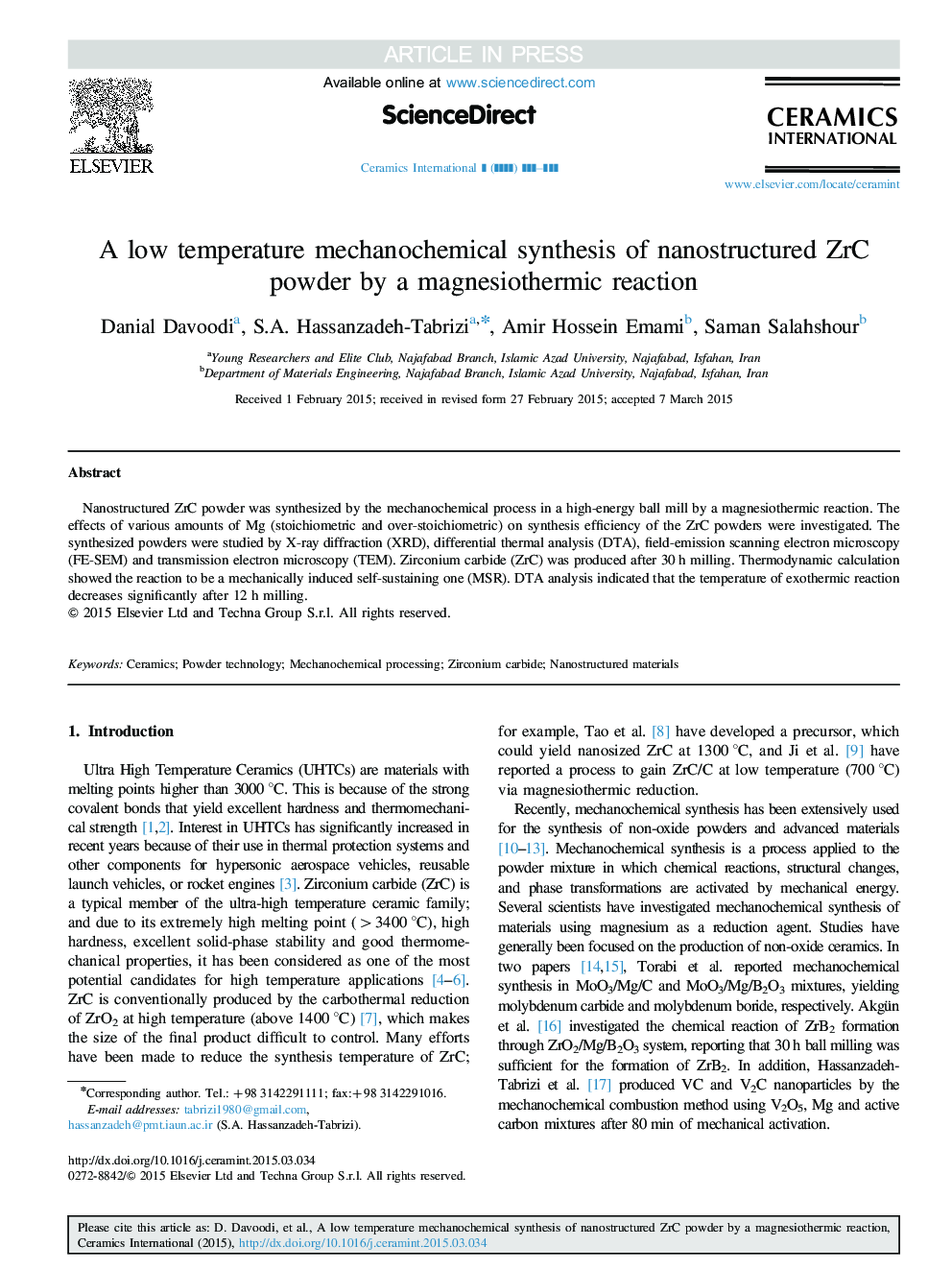 A low temperature mechanochemical synthesis of nanostructured ZrC powder by a magnesiothermic reaction