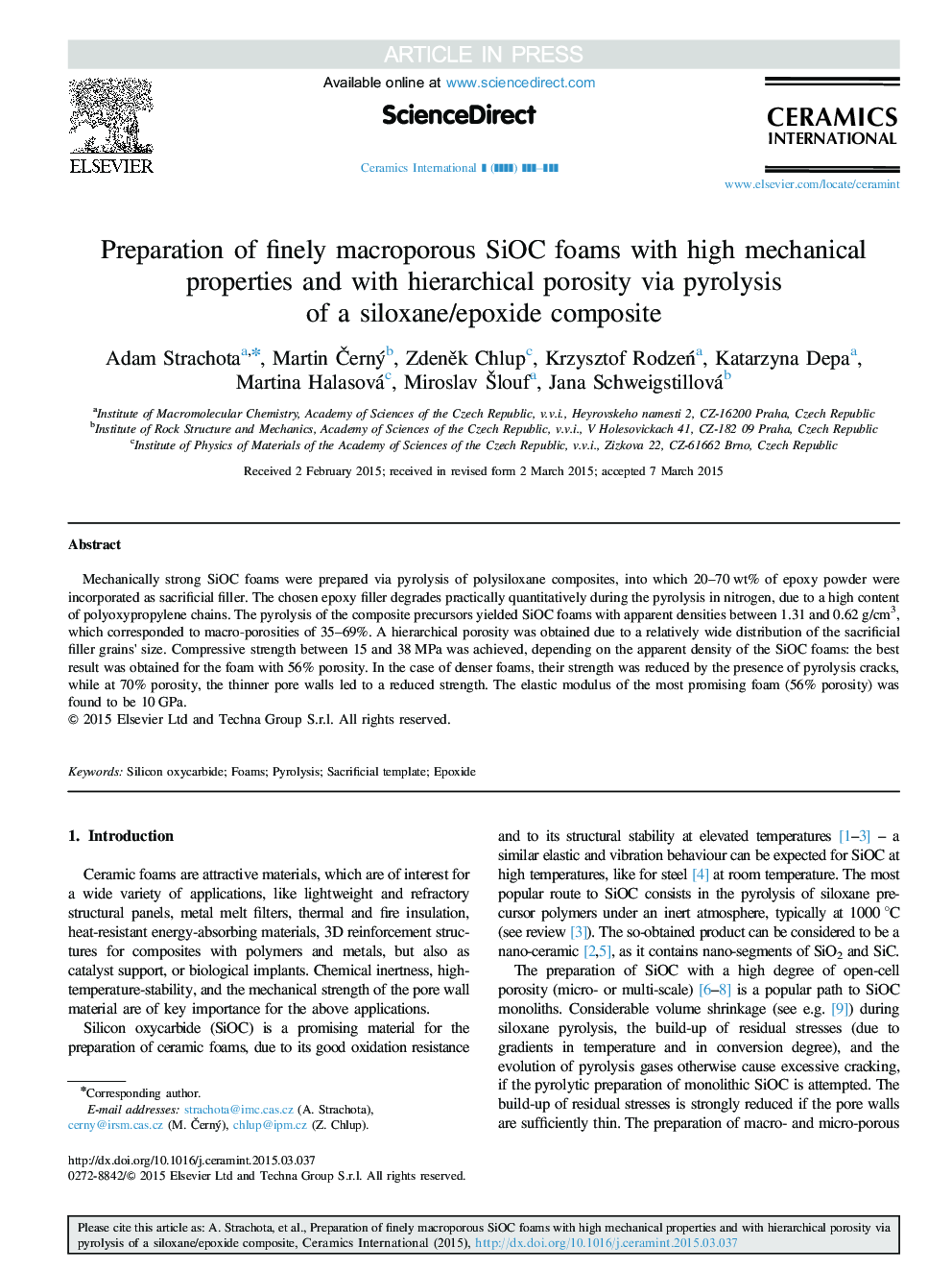 Preparation of finely macroporous SiOC foams with high mechanical properties and with hierarchical porosity via pyrolysis of a siloxane/epoxide composite