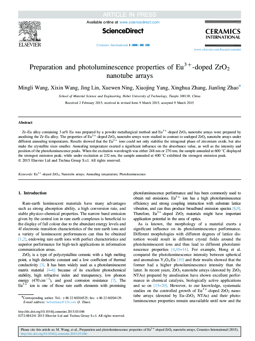 Preparation and photoluminescence properties of Eu3+-doped ZrO2 nanotube arrays