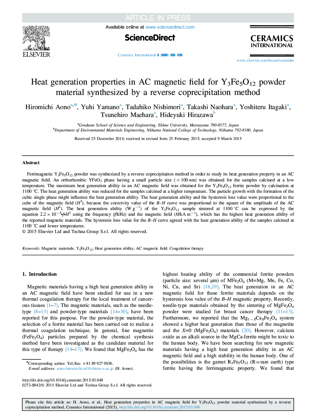 Heat generation properties in AC magnetic field for Y3Fe5O12 powder material synthesized by a reverse coprecipitation method