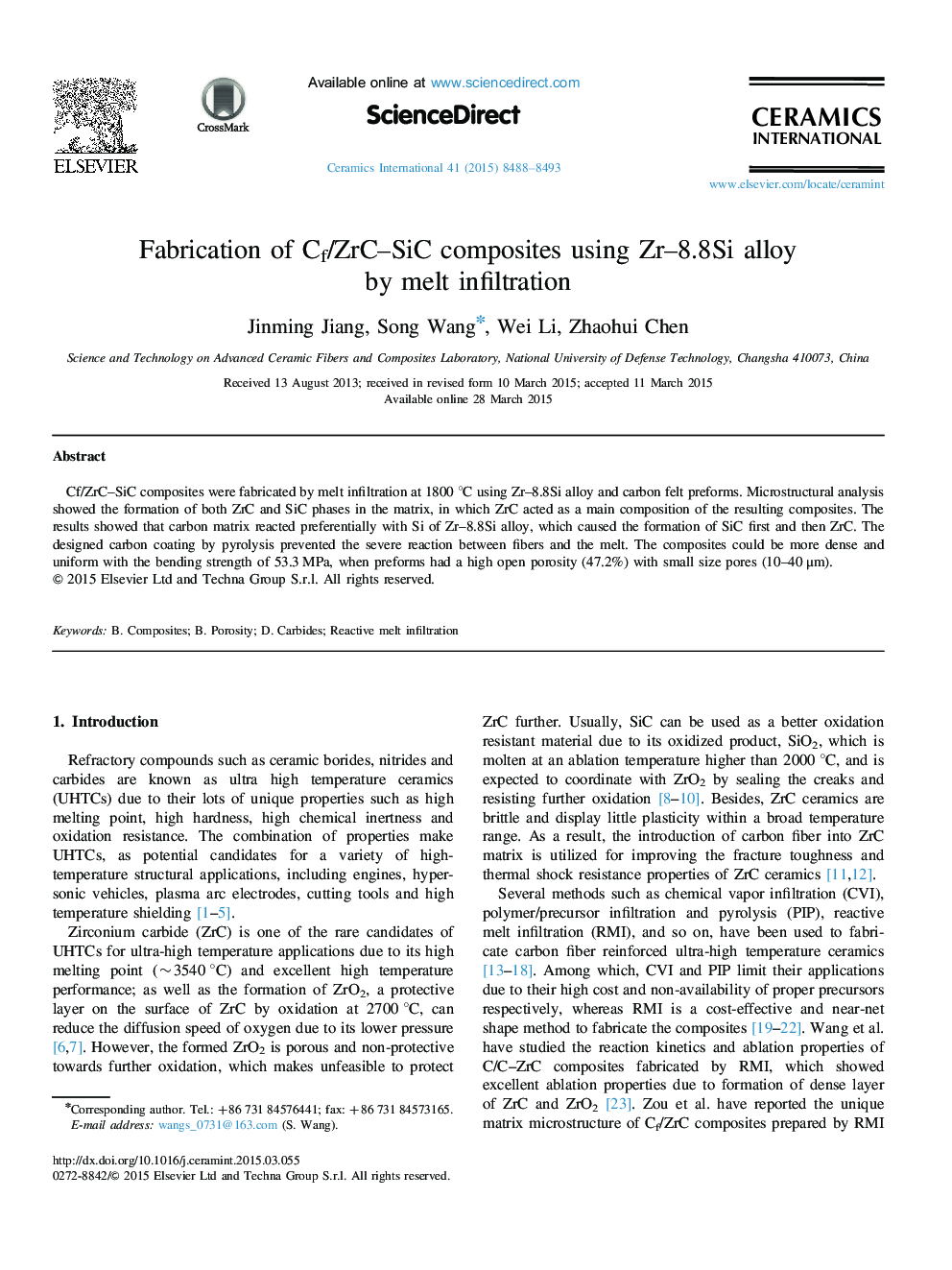 Fabrication of Cf/ZrC-SiC composites using Zr-8.8Si alloy by melt infiltration