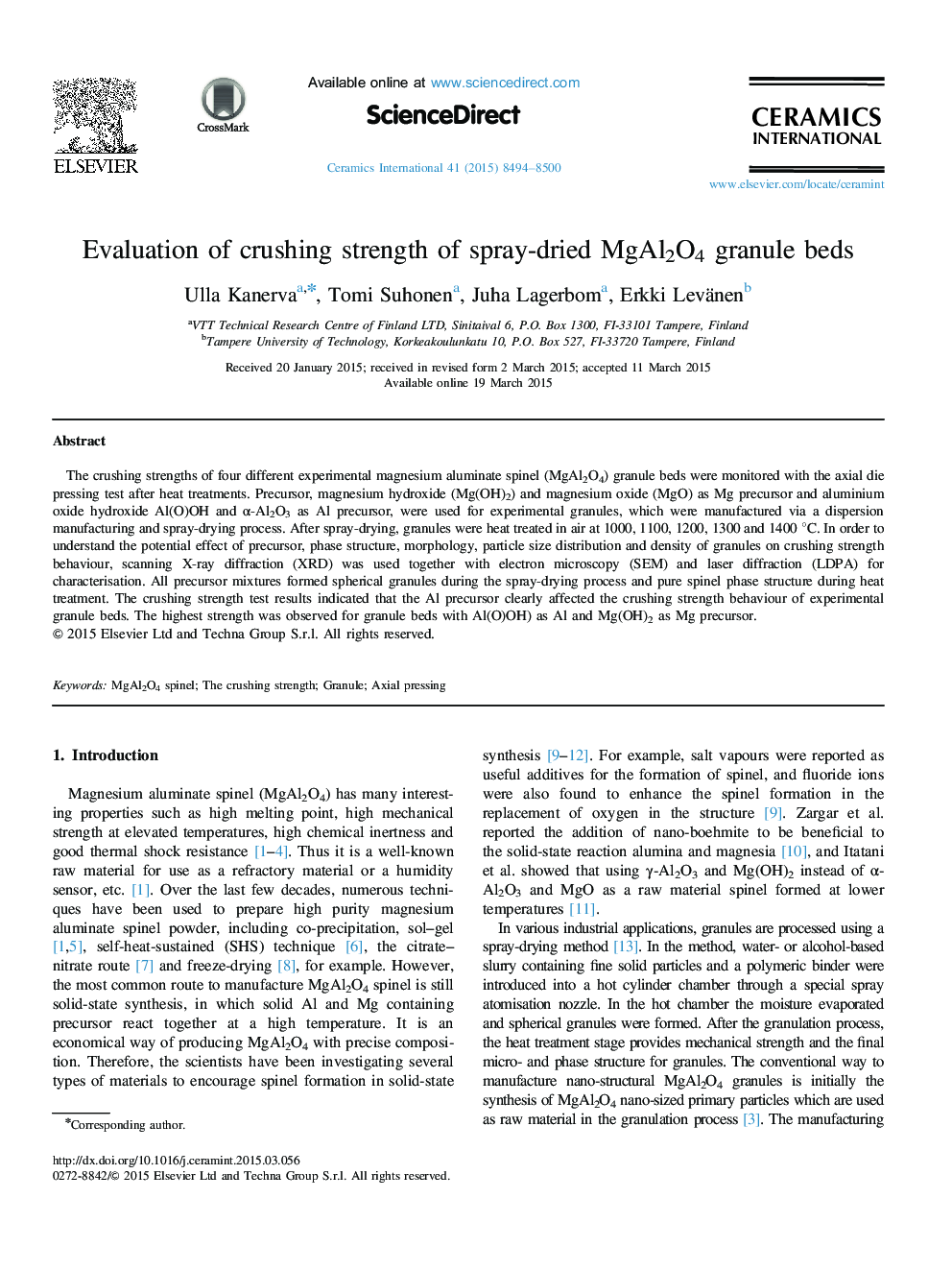 Evaluation of crushing strength of spray-dried MgAl2O4 granule beds