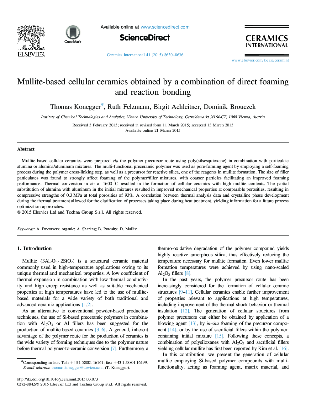 Mullite-based cellular ceramics obtained by a combination of direct foaming and reaction bonding