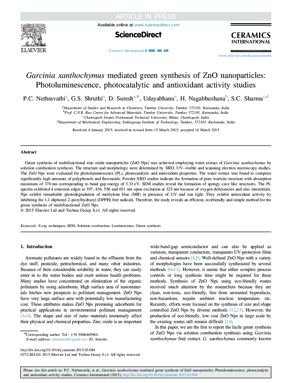 Garcinia xanthochymus mediated green synthesis of ZnO nanoparticles: Photoluminescence, photocatalytic and antioxidant activity studies