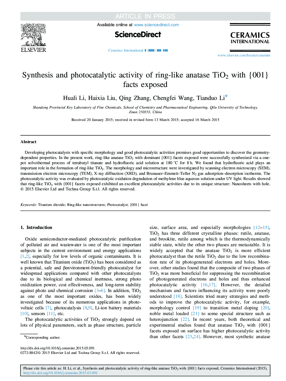 Synthesis and photocatalytic activity of ring-like anatase TiO2 with {001} facts exposed