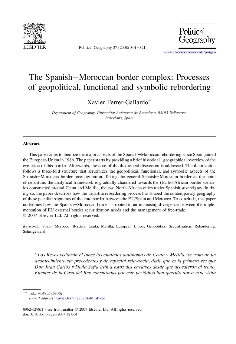 The Spanish–Moroccan border complex: Processes of geopolitical, functional and symbolic rebordering