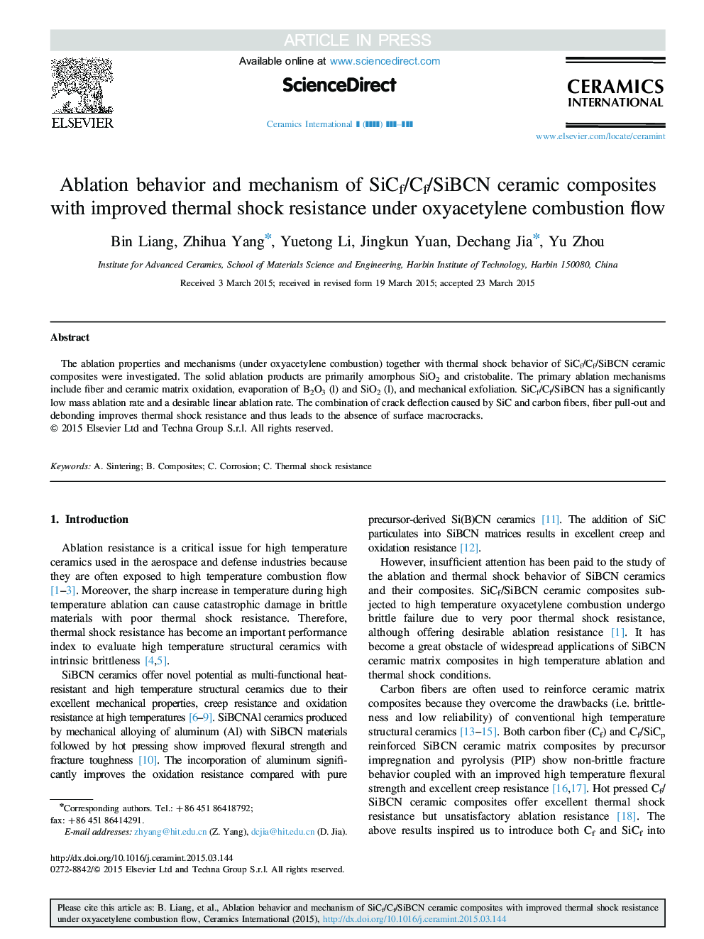 Ablation behavior and mechanism of SiCf/Cf/SiBCN ceramic composites with improved thermal shock resistance under oxyacetylene combustion flow