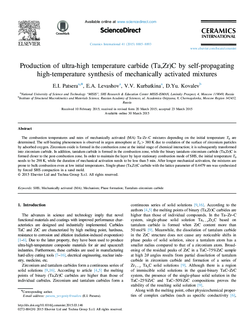 Production of ultra-high temperature carbide (Ta,Zr)C by self-propagating high-temperature synthesis of mechanically activated mixtures