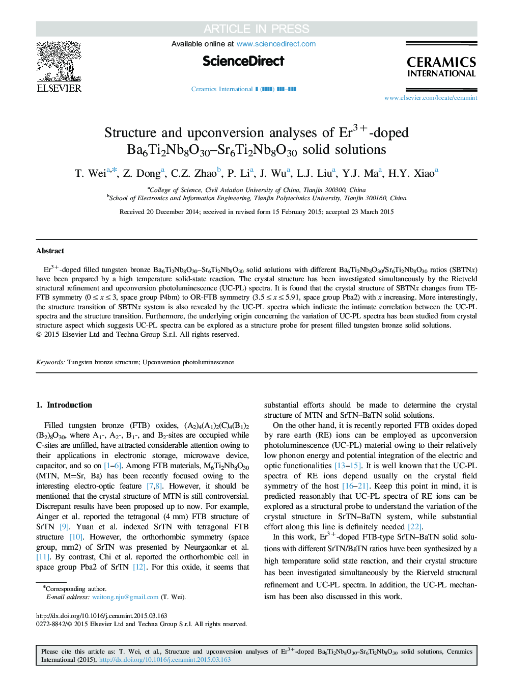 Structure and upconversion analyses of Er3+-doped Ba6Ti2Nb8O30-Sr6Ti2Nb8O30 solid solutions