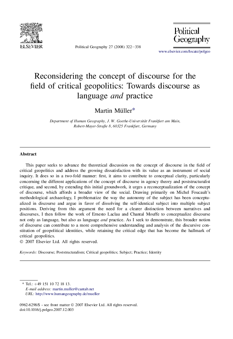 Reconsidering the concept of discourse for the field of critical geopolitics: Towards discourse as language and practice
