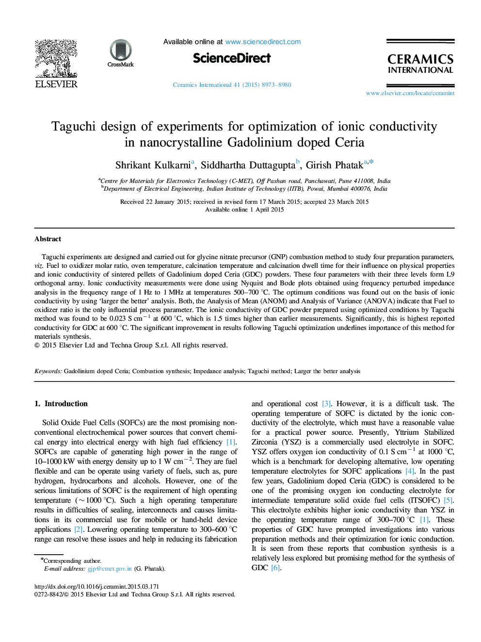 Taguchi design of experiments for optimization of ionic conductivity in nanocrystalline Gadolinium doped Ceria