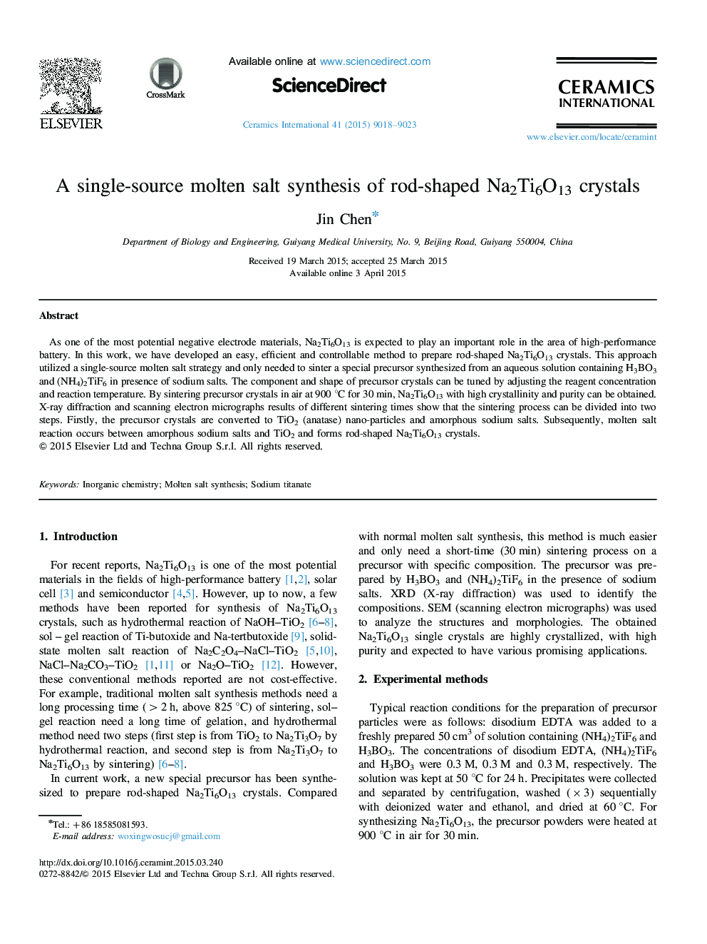 A single-source molten salt synthesis of rod-shaped Na2Ti6O13 crystals