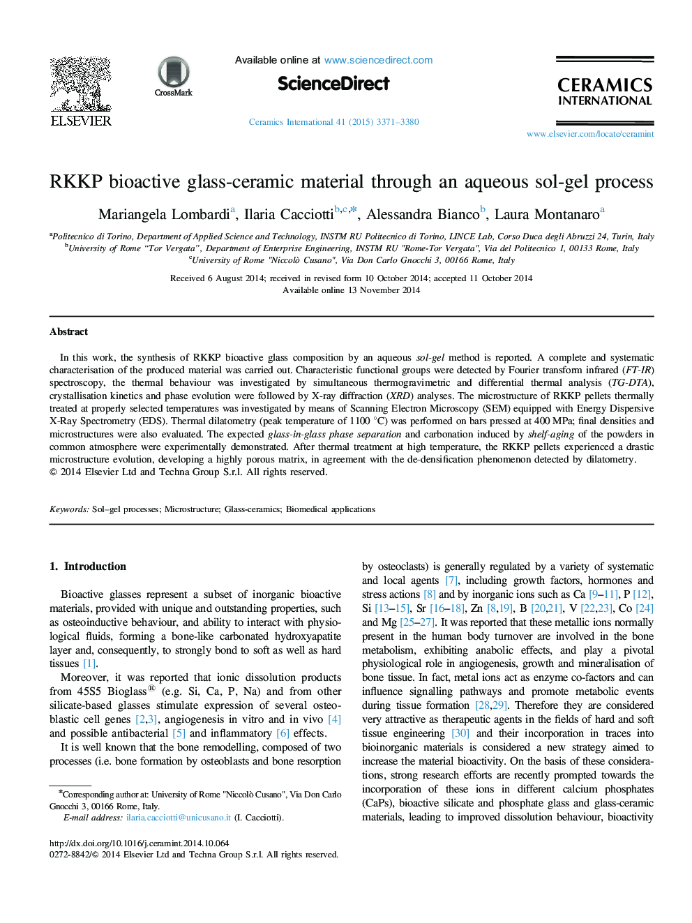 RKKP bioactive glass-ceramic material through an aqueous sol-gel process