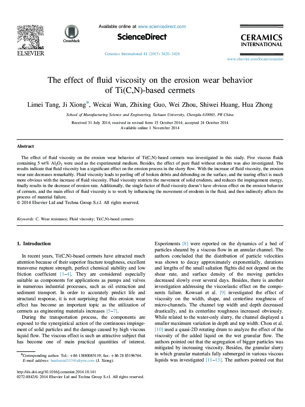 The effect of fluid viscosity on the erosion wear behavior of Ti(C,N)-based cermets