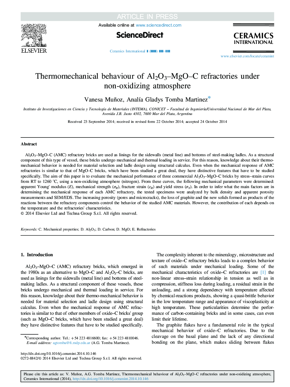 Thermomechanical behaviour of Al2O3-MgO-C refractories under non-oxidizing atmosphere