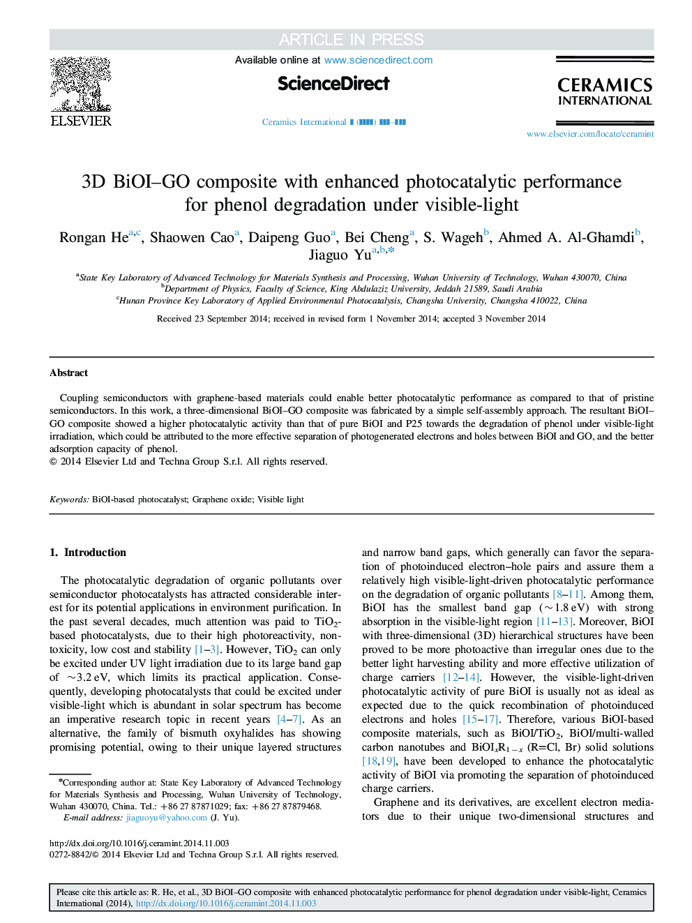 عکس صفحه اول مقاله: 3D BiOI-GO composite with enhanced photocatalytic performance for phenol degradation under visible-light 3D BiOI-GO composite with enhanced photocatalytic performance for phenol degradation under visible-light