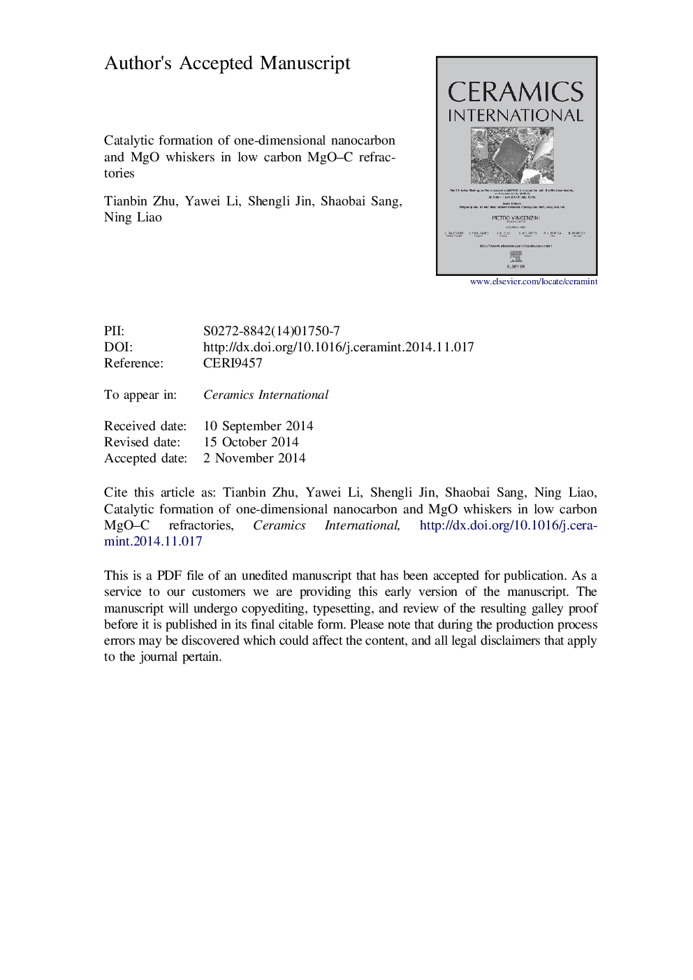 عکس صفحه اول مقاله: Catalytic formation of one-dimensional nanocarbon and MgO whiskers in low carbon MgO-C refractories Catalytic formation of one-dimensional nanocarbon and MgO whiskers in low carbon MgO-C refractories