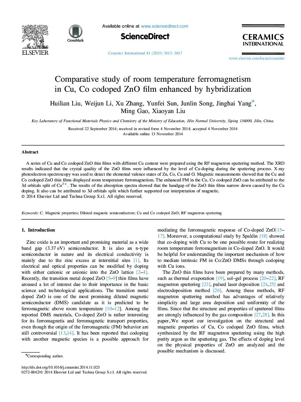 Comparative study of room temperature ferromagnetism in Cu, Co codoped ZnO film enhanced by hybridization