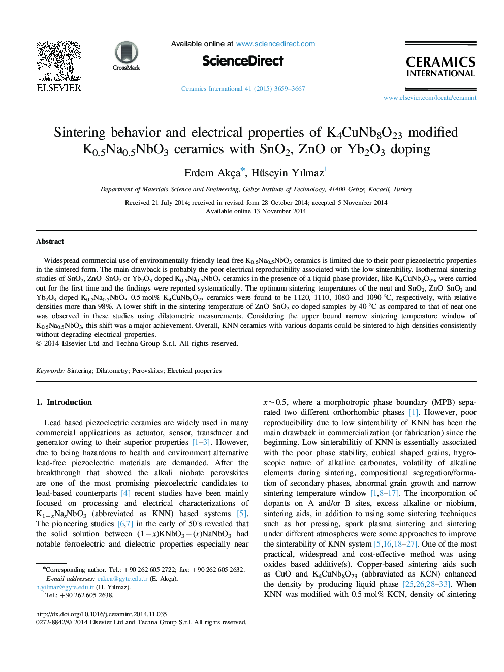 Sintering behavior and electrical properties of K4CuNb8O23 modified K0.5Na0.5NbO3 ceramics with SnO2, ZnO or Yb2O3 doping