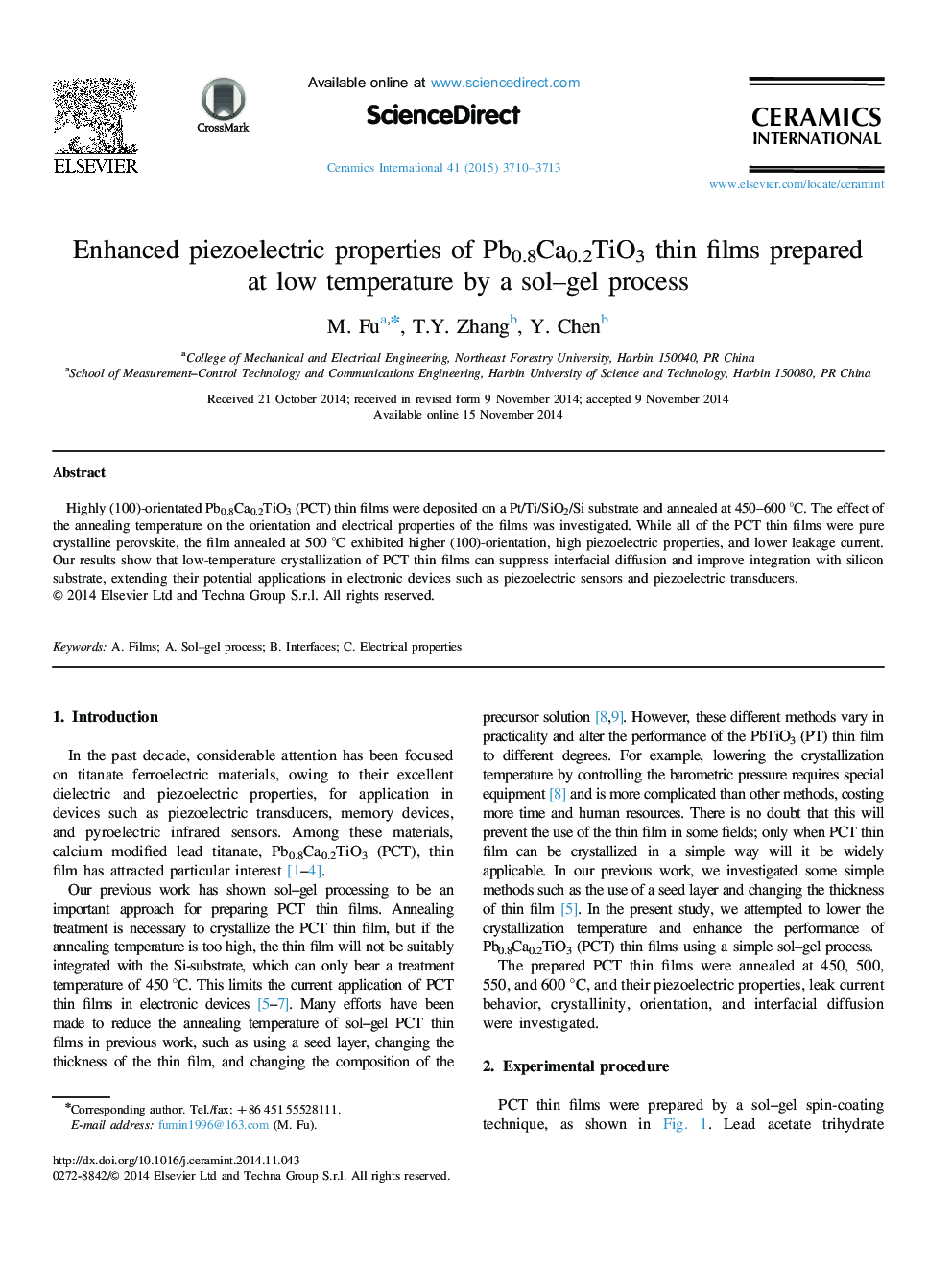 Enhanced piezoelectric properties of Pb0.8Ca0.2TiO3 thin films prepared at low temperature by a sol-gel process