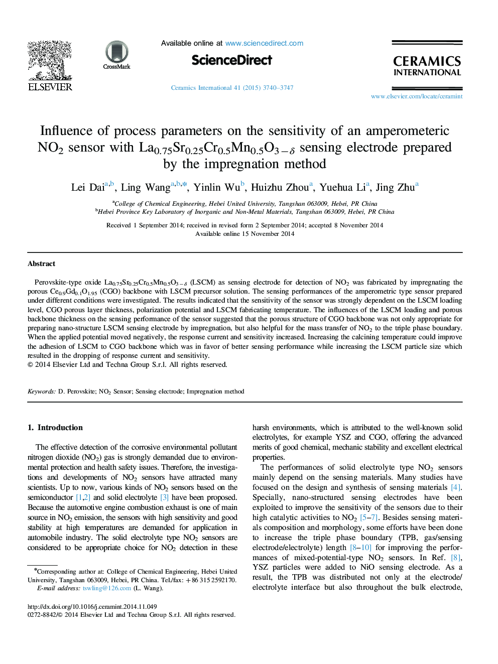 Influence of process parameters on the sensitivity of an amperometeric NO2 sensor with La0.75Sr0.25Cr0.5Mn0.5O3âÎ´ sensing electrode prepared by the impregnation method