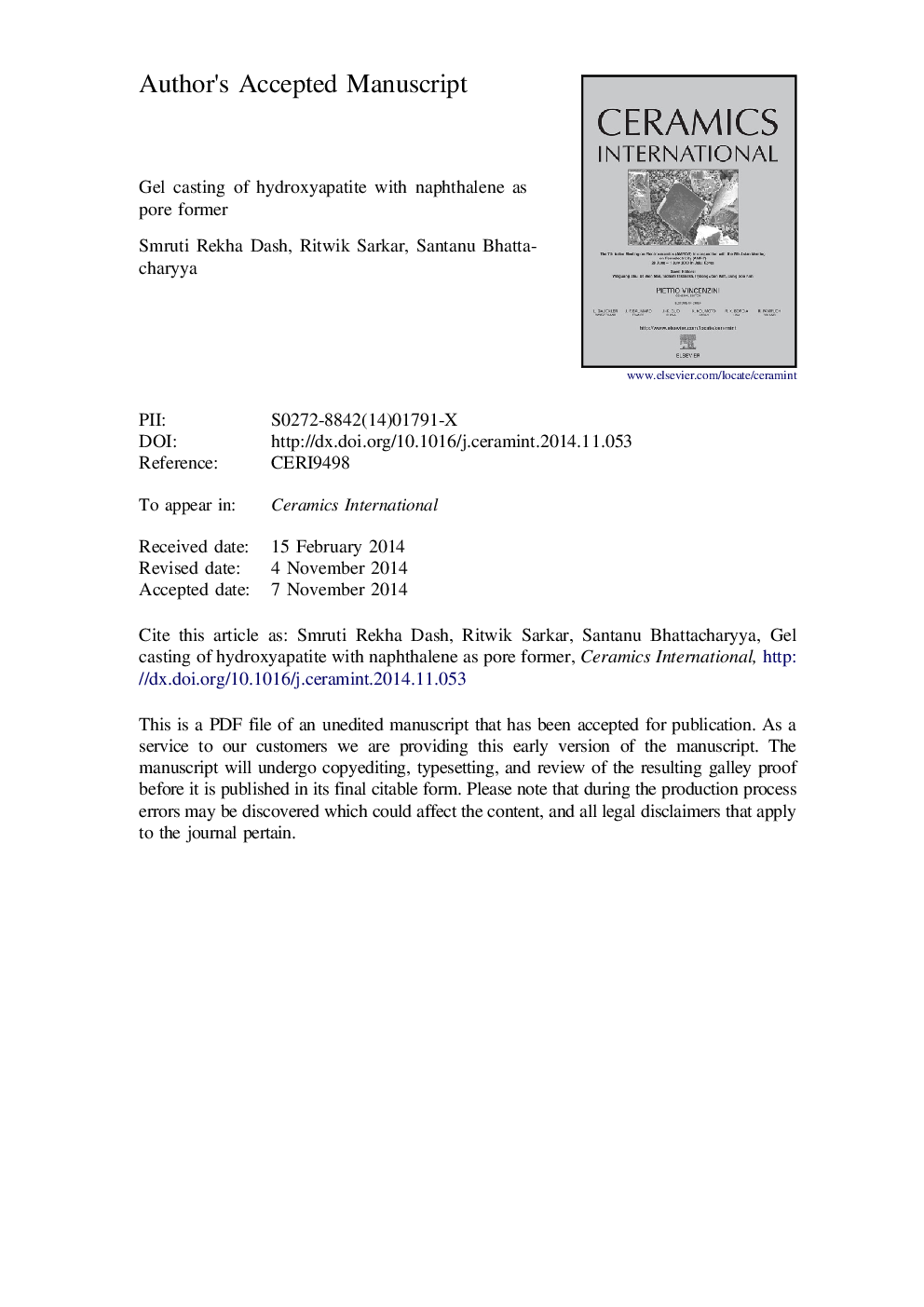 Gel casting of hydroxyapatite with naphthalene as pore former