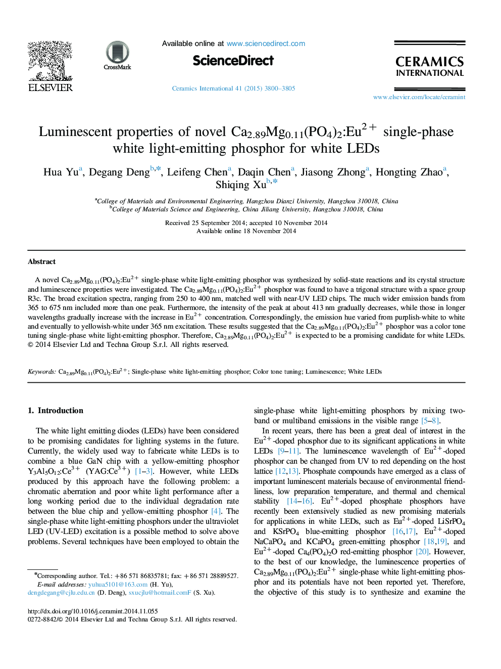 Luminescent properties of novel Ca2.89Mg0.11(PO4)2:Eu2+ single-phase white light-emitting phosphor for white LEDs