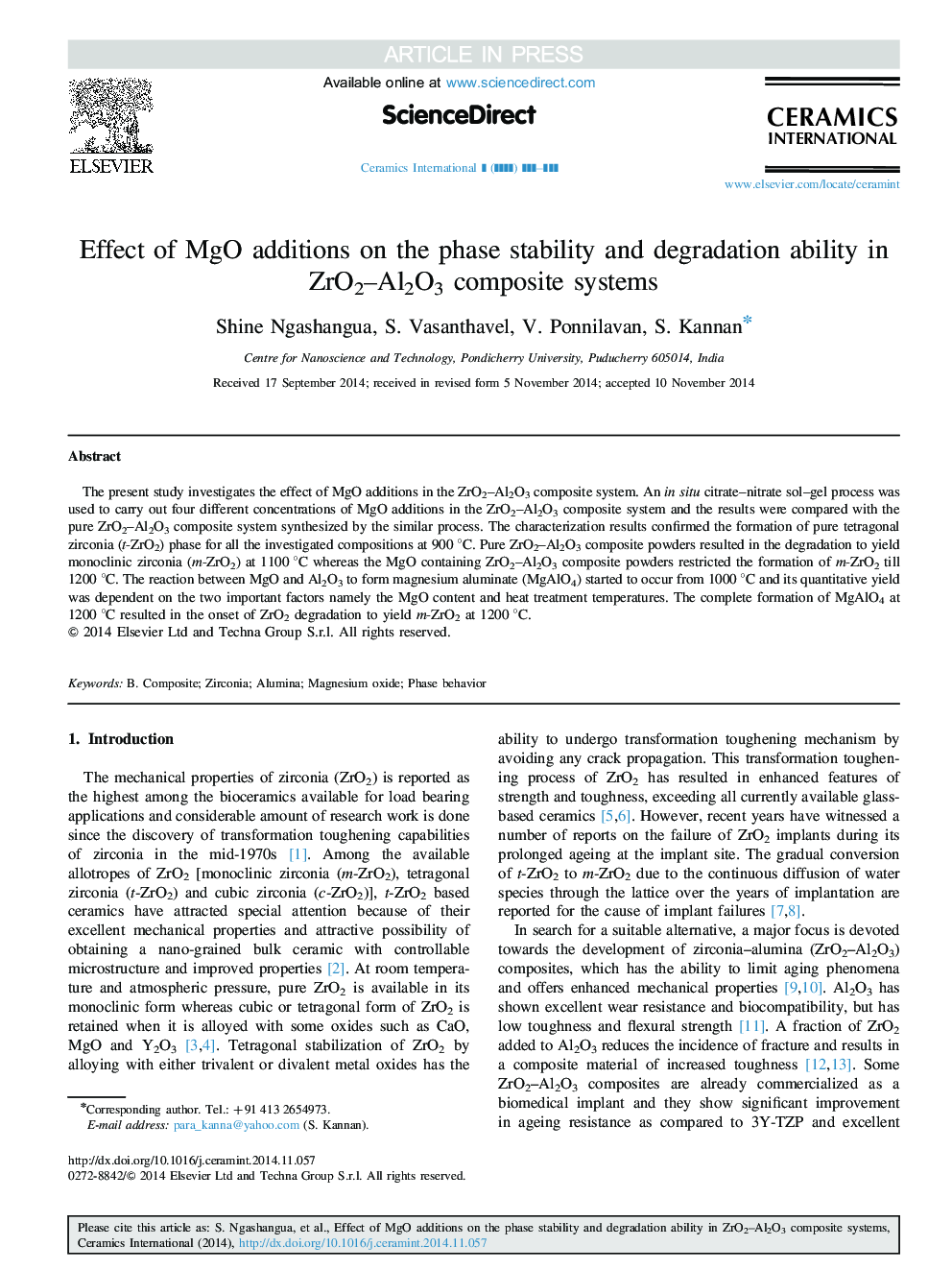 Effect of MgO additions on the phase stability and degradation ability in ZrO2-Al2O3 composite systems