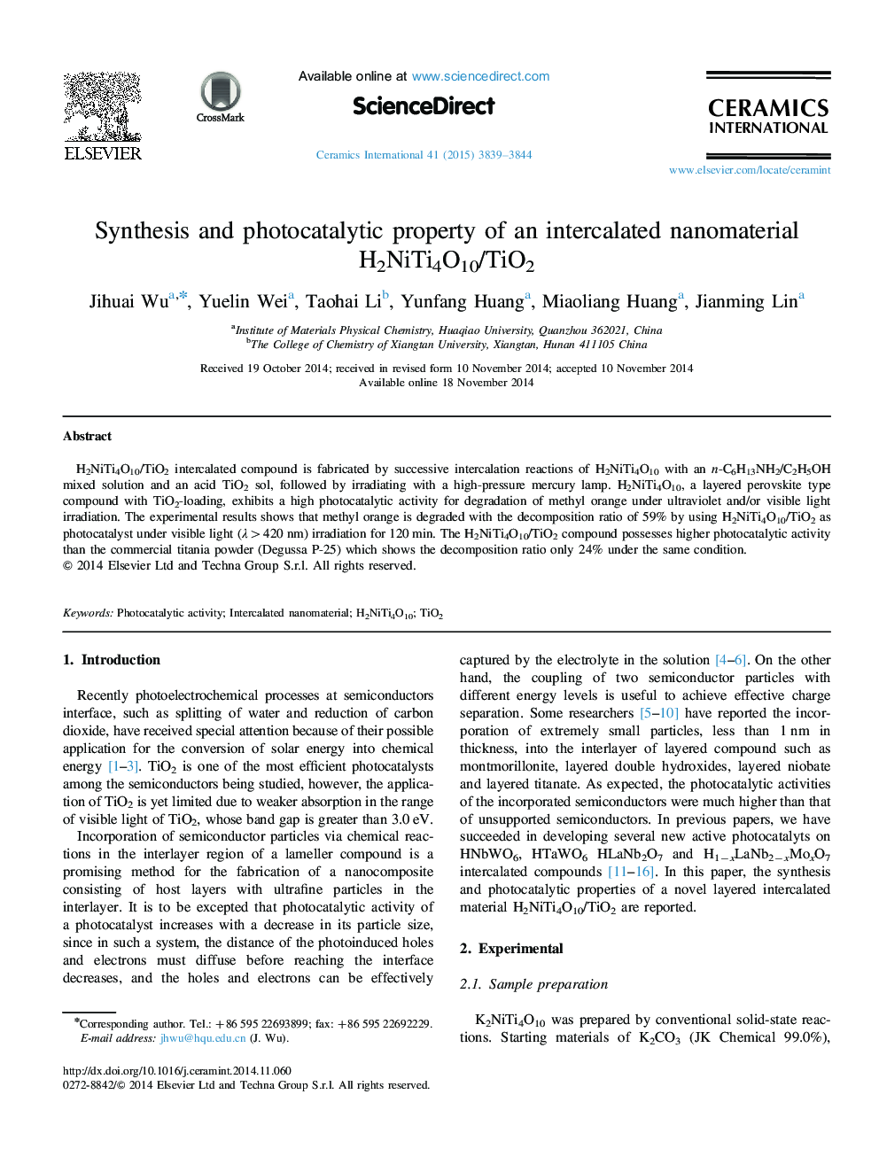 Synthesis and photocatalytic property of an intercalated nanomaterial H2NiTi4O10/TiO2
