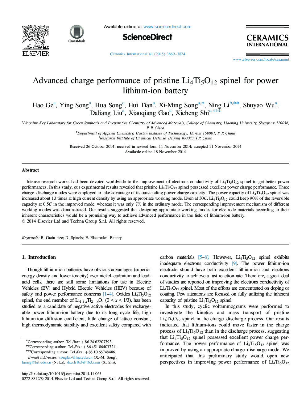 Advanced charge performance of pristine Li4Ti5O12 spinel for power lithium-ion battery