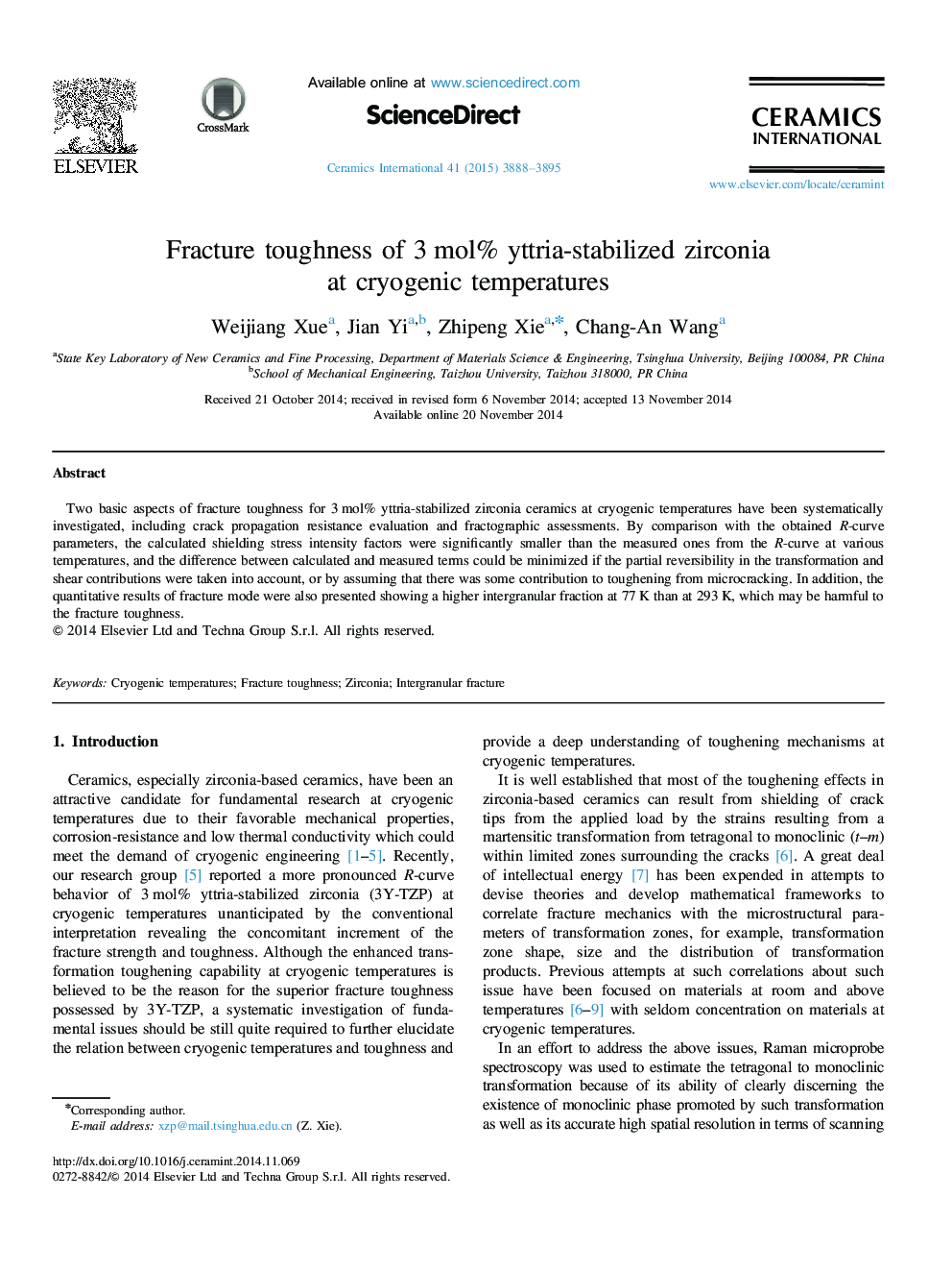 Fracture toughness of 3Â mol% yttria-stabilized zirconia at cryogenic temperatures