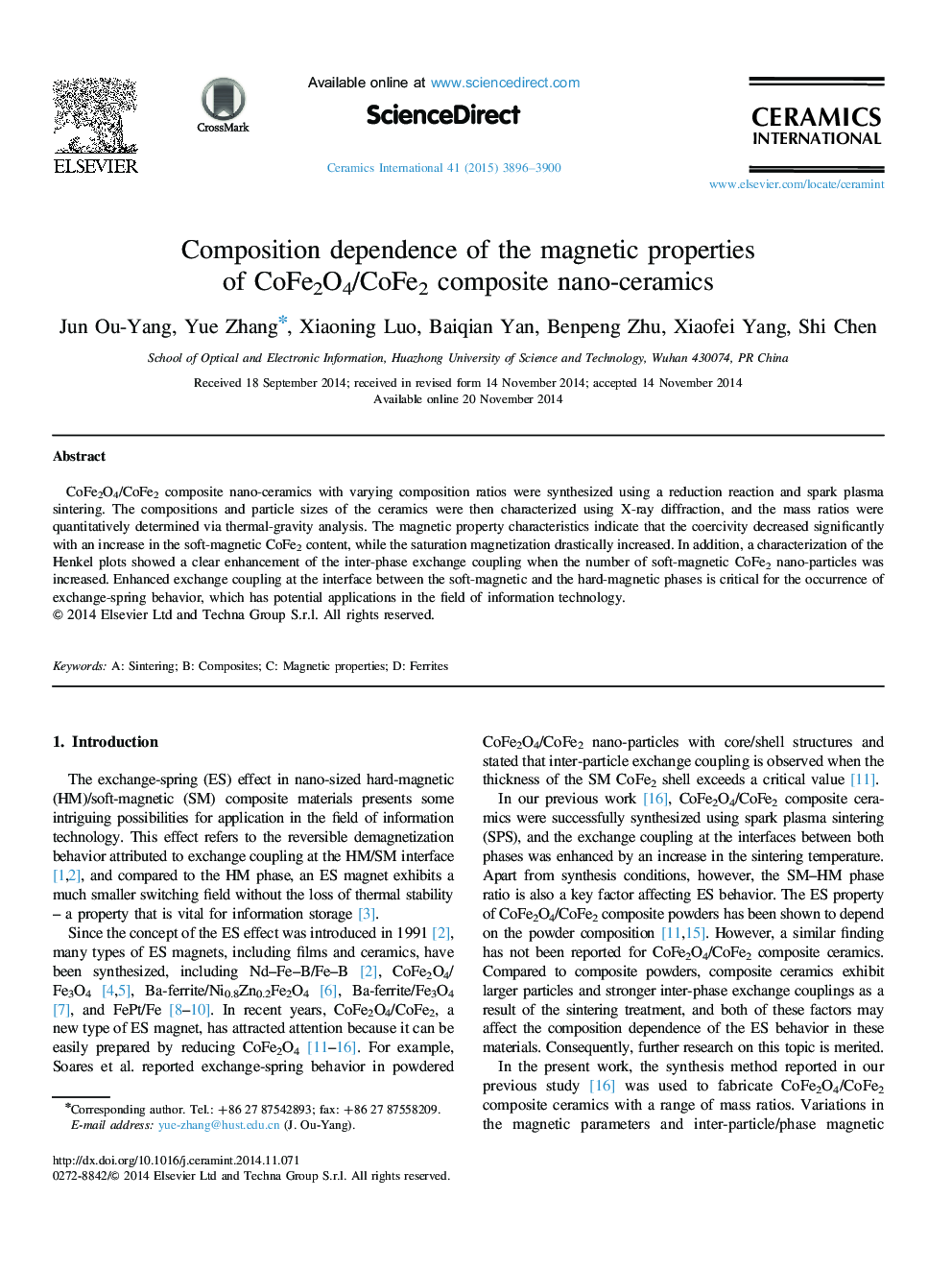 Composition dependence of the magnetic properties of CoFe2O4/CoFe2 composite nano-ceramics