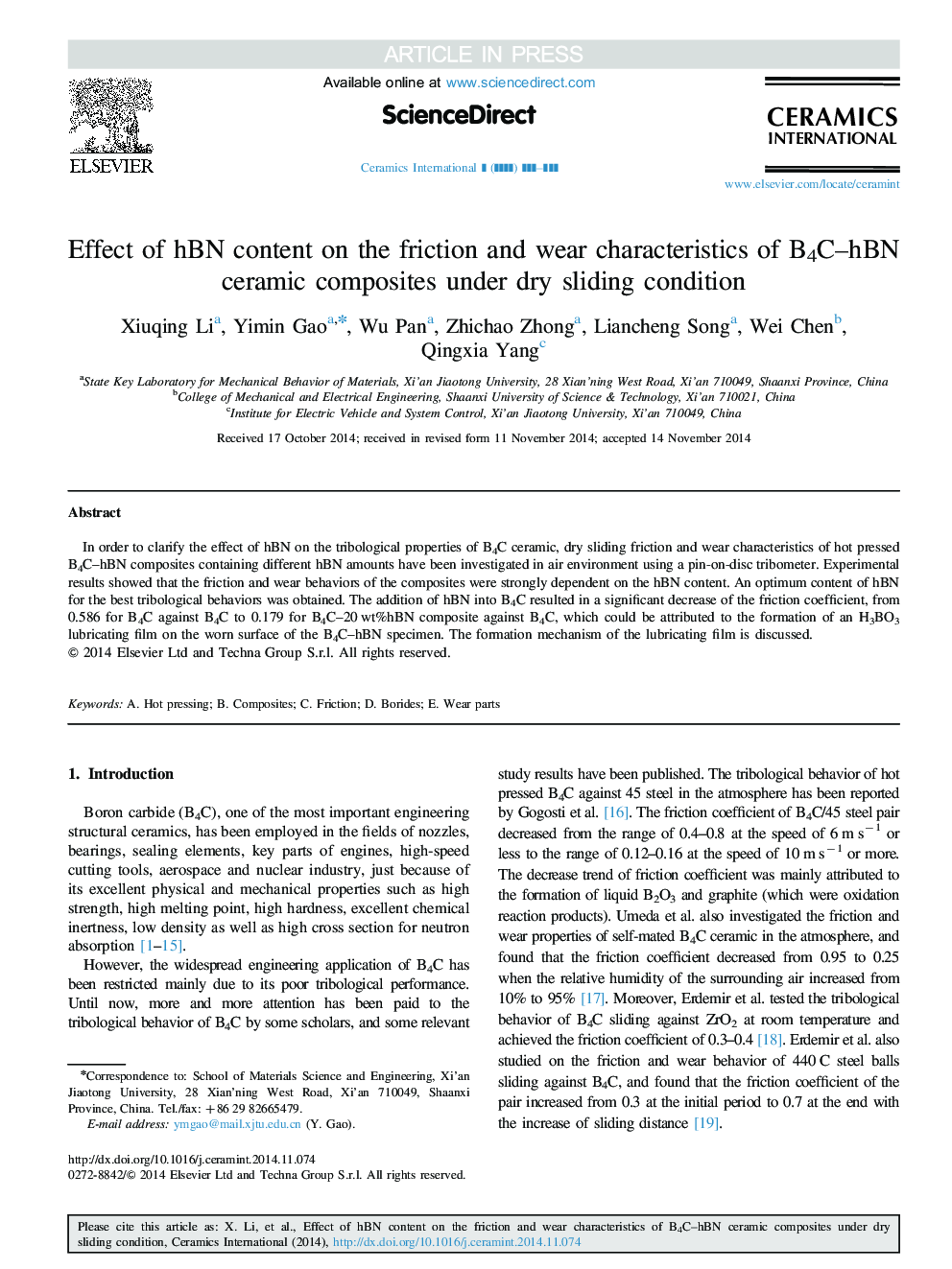 Effect of hBN content on the friction and wear characteristics of B4C-hBN ceramic composites under dry sliding condition