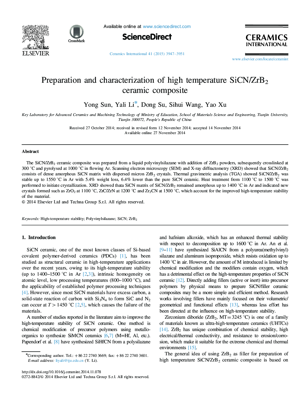 Preparation and characterization of high temperature SiCN/ZrB2 ceramic composite