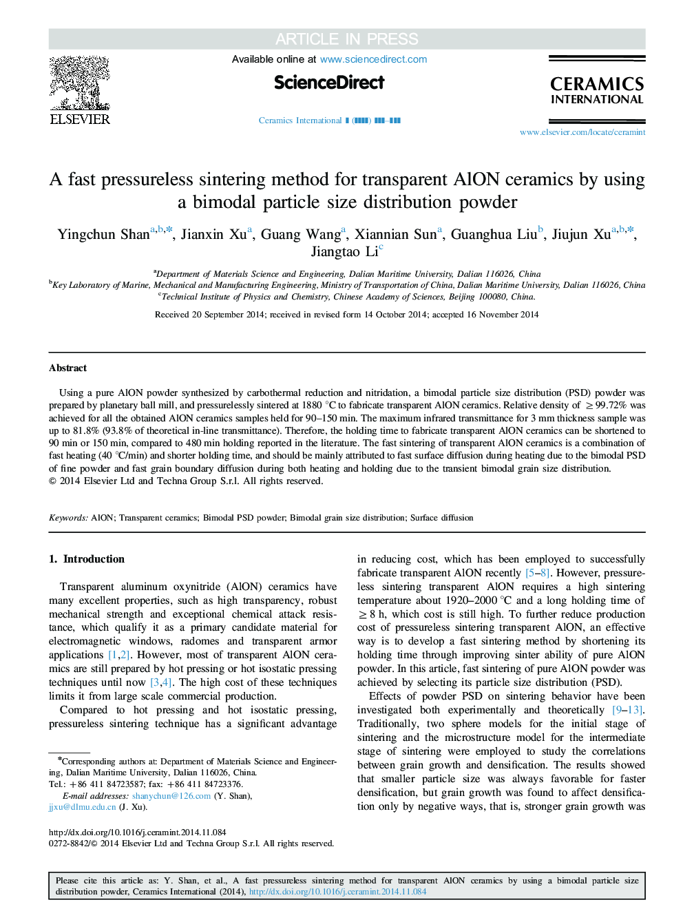 A fast pressureless sintering method for transparent AlON ceramics by using a bimodal particle size distribution powder