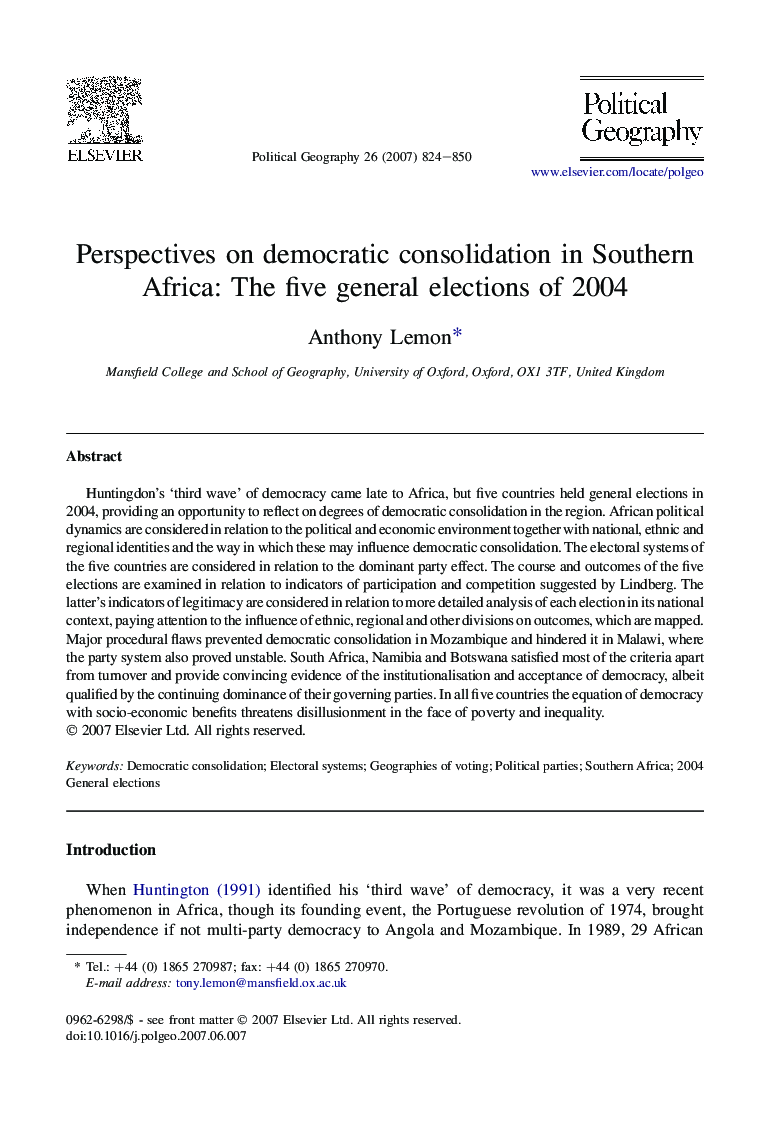 Perspectives on democratic consolidation in Southern Africa: The five general elections of 2004