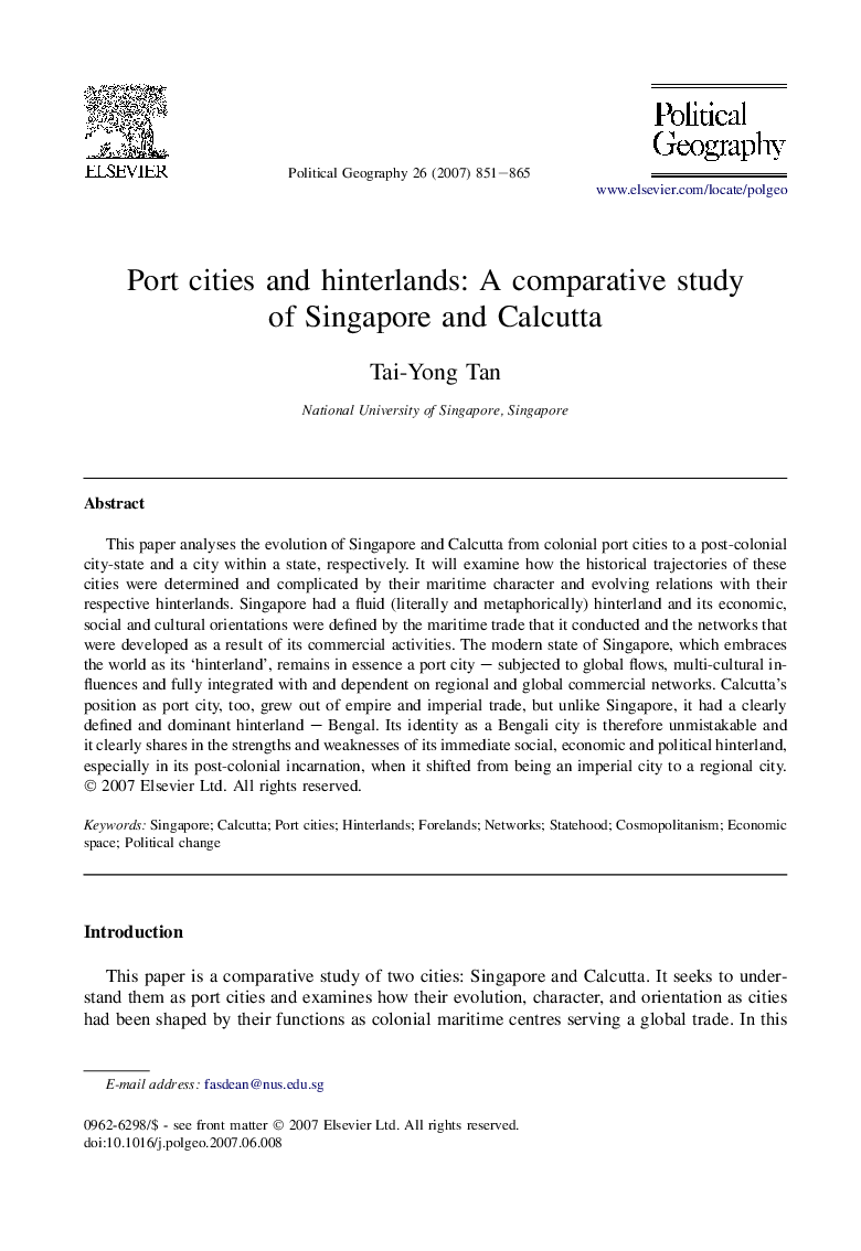 Port cities and hinterlands: A comparative study of Singapore and Calcutta