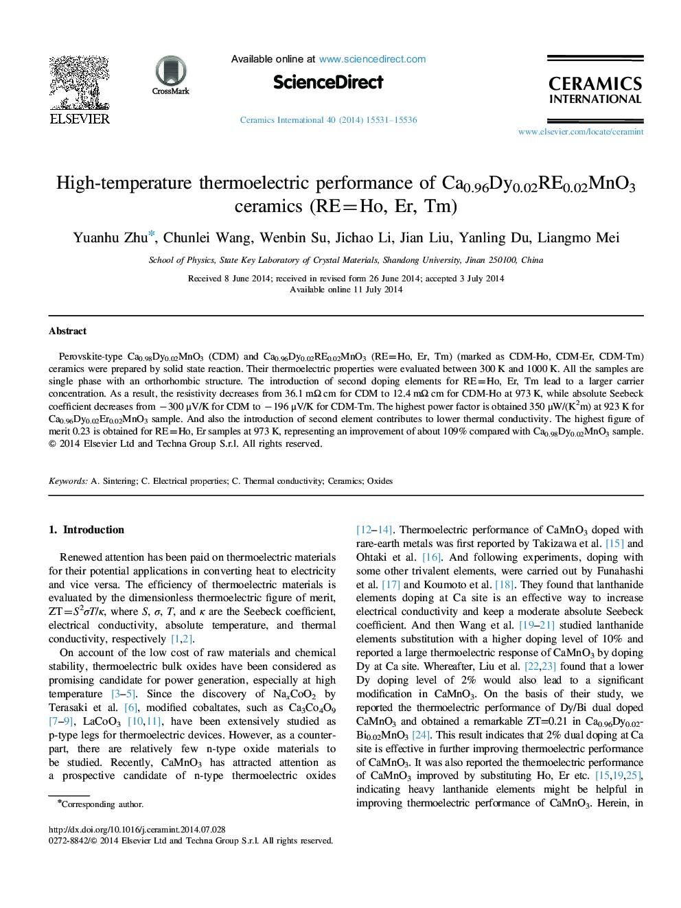 High-temperature thermoelectric performance of Ca0.96Dy0.02RE0.02MnO3 ceramics (RE=Ho, Er, Tm)