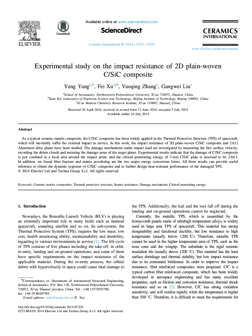 Experimental study on the impact resistance of 2D plain-woven C/SiC composite