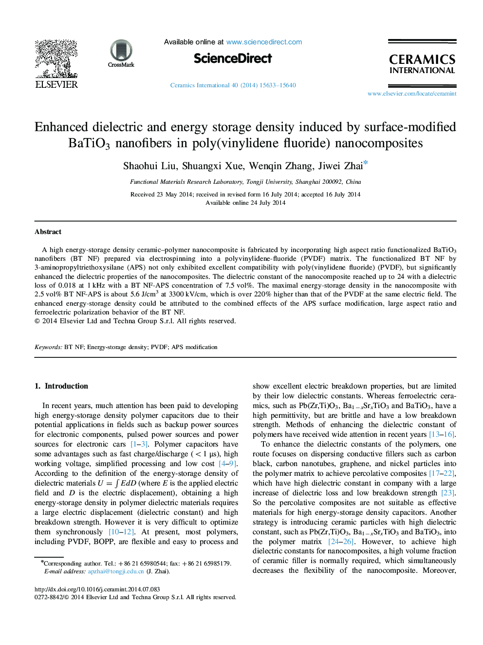 Enhanced dielectric and energy storage density induced by surface-modified BaTiO3 nanofibers in poly(vinylidene fluoride) nanocomposites