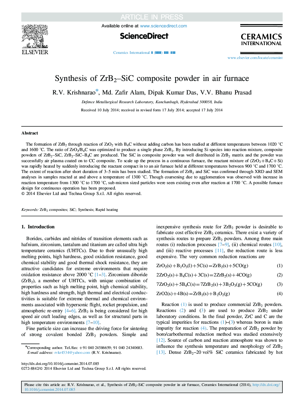 Synthesis of ZrB2-SiC composite powder in air furnace