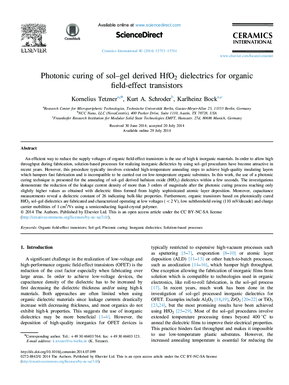 Photonic curing of sol-gel derived HfO2 dielectrics for organic field-effect transistors